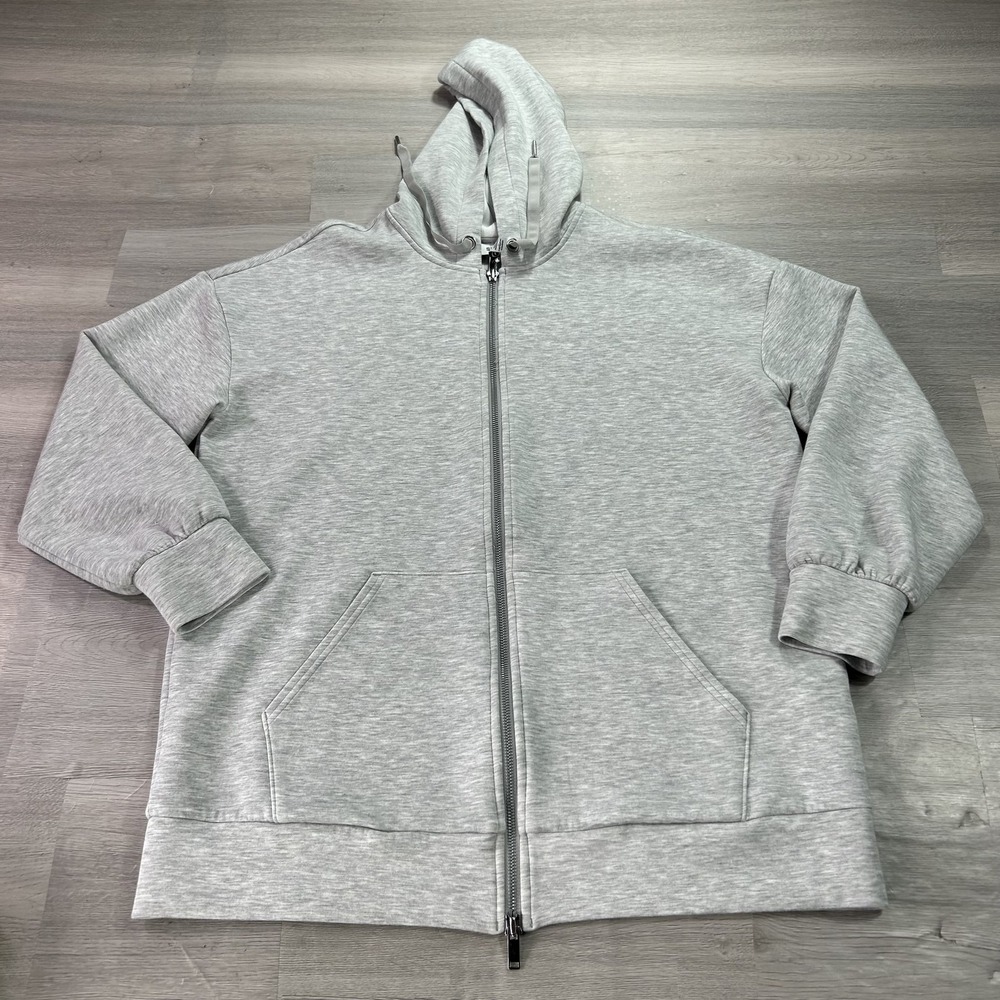 Spanx Hoodie Womens Large Gray Full Zip Knit Sweatshirt Relaxed Fit Stretch